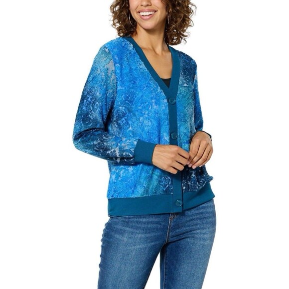 DG2 Diane Gilman Royal Blue Multi Clipped Jacquard Knit Cardigan Sweater NWT 1X - Picture 12 of 12